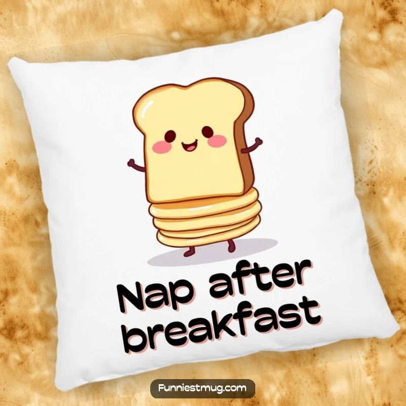Funny pillow with a smug slice of toast balancing a wobbly stack of pancakes, a soft and humorous decorative item.