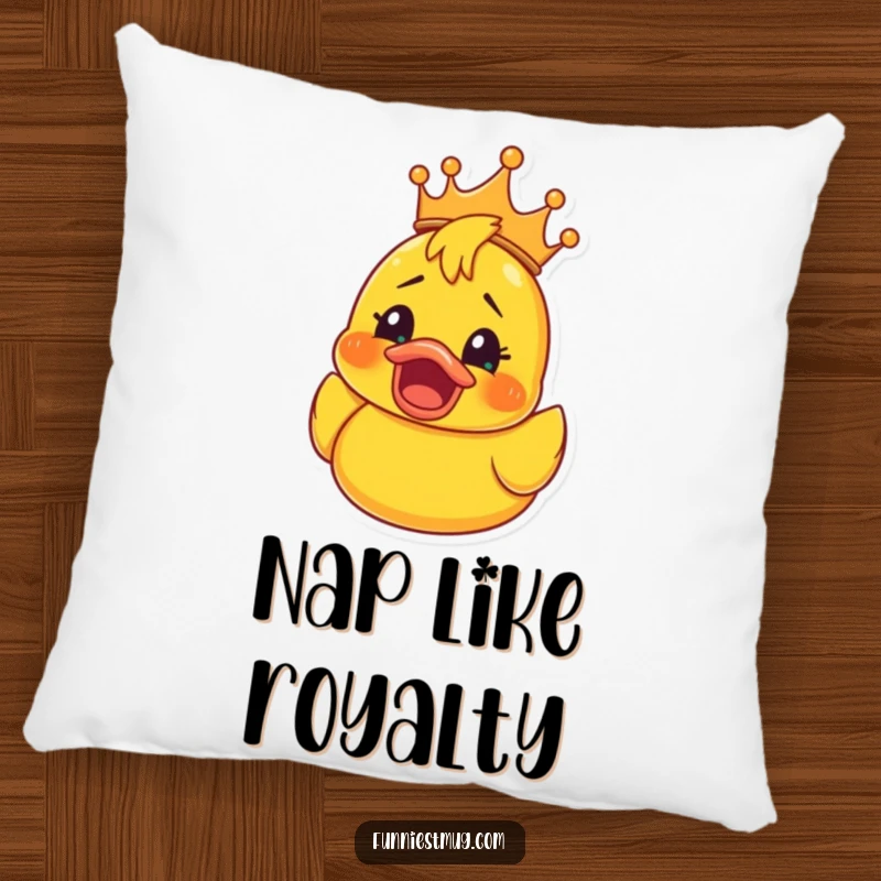 Funny Rubber Ducky Crown Pillow: Soft decorative pillow with a rubber ducky in a crown, its expression a mix of shocked delight, a funny accent.