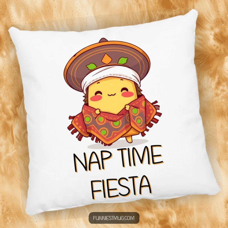 Funny proud taco character comically wearing a sombrero as a blanket, Mexican food humor on a soft pillow.