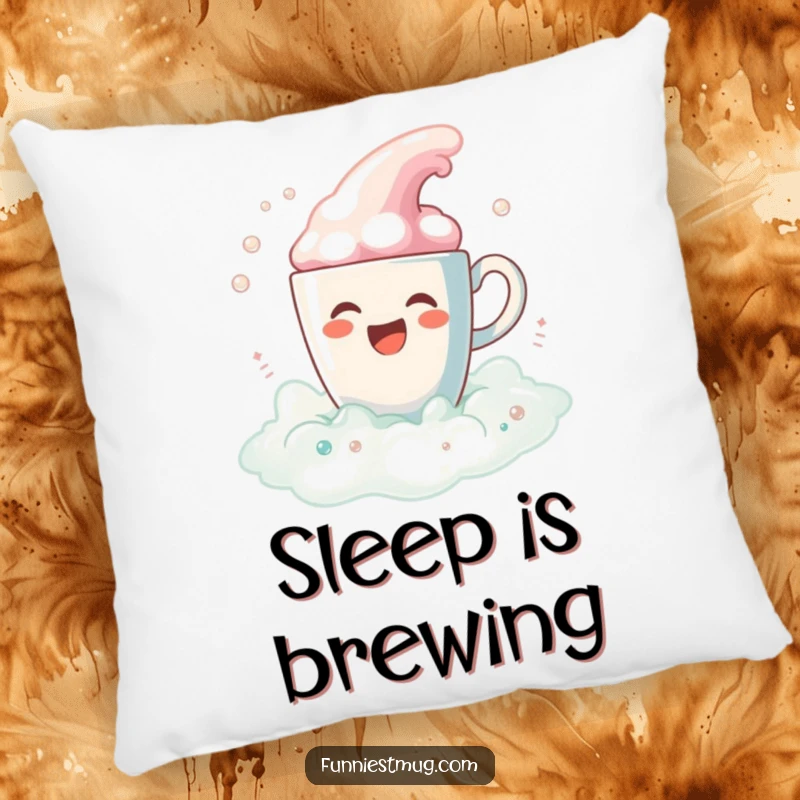 Funny Coffee Bath Spill Pillow: A joyful coffee cup spilling colorful foam bubbles, soft and funny comfort.