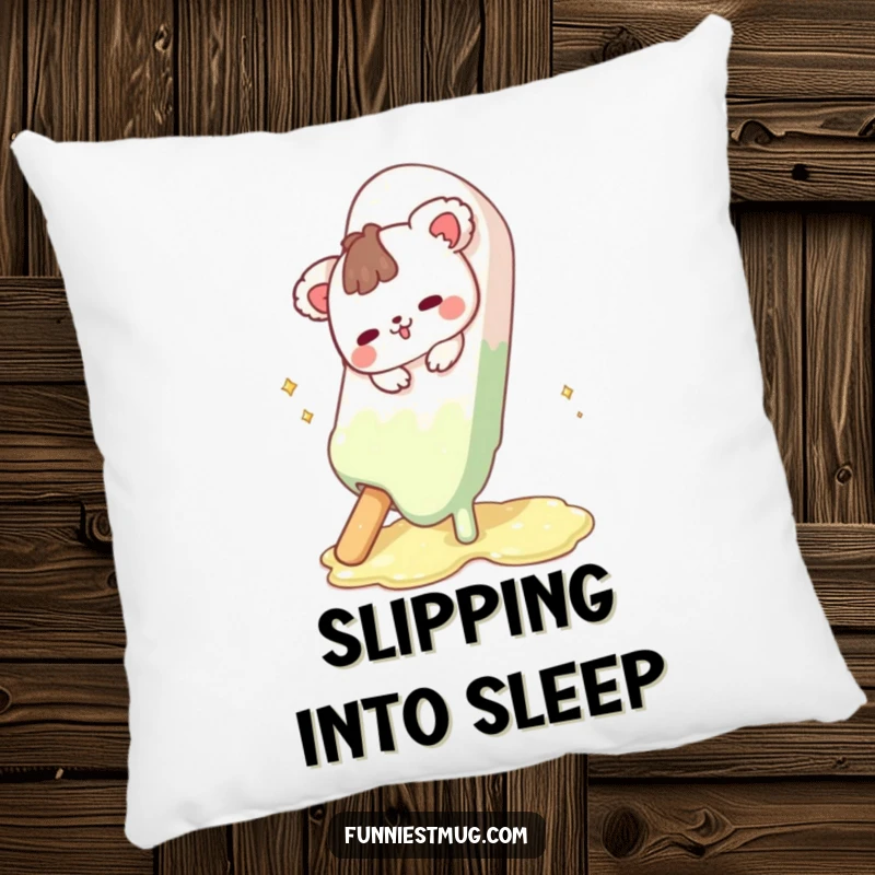 Funny Cute Animal Pillow showcasing the character's funny slip on a giant melting chocolate bar, perfect for cozying up with humor.