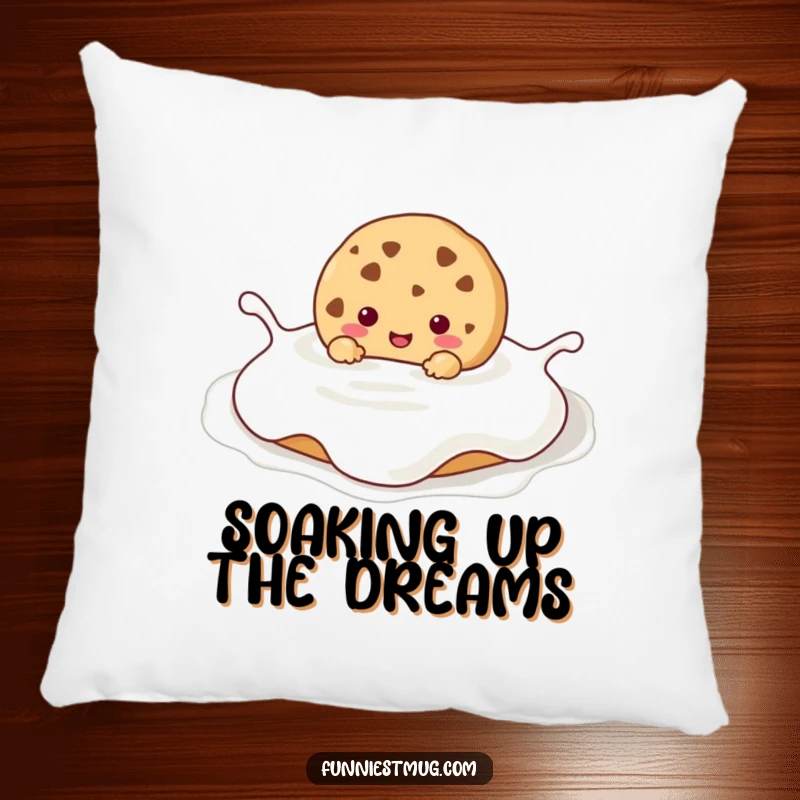 Funny Kawaii cookie character happily drowning in a giant milk puddle, offering soft and humorous comfort on a pillow.