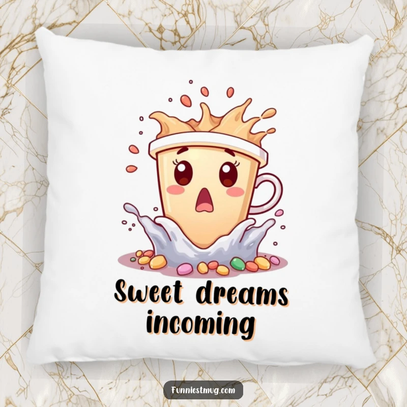 Funny coffee cup character surprised by tiny candy waves splashing, on a soft pillow.