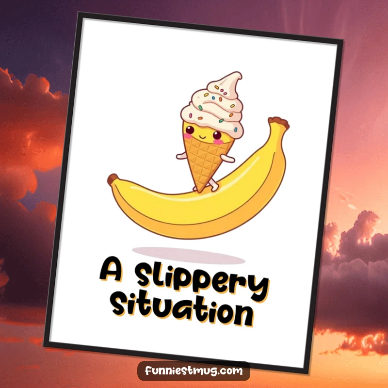 Funny Ice Cream Cone Digital Art: A sprinkle-covered character hilariously slipping on a banana peel, ready to be printed.