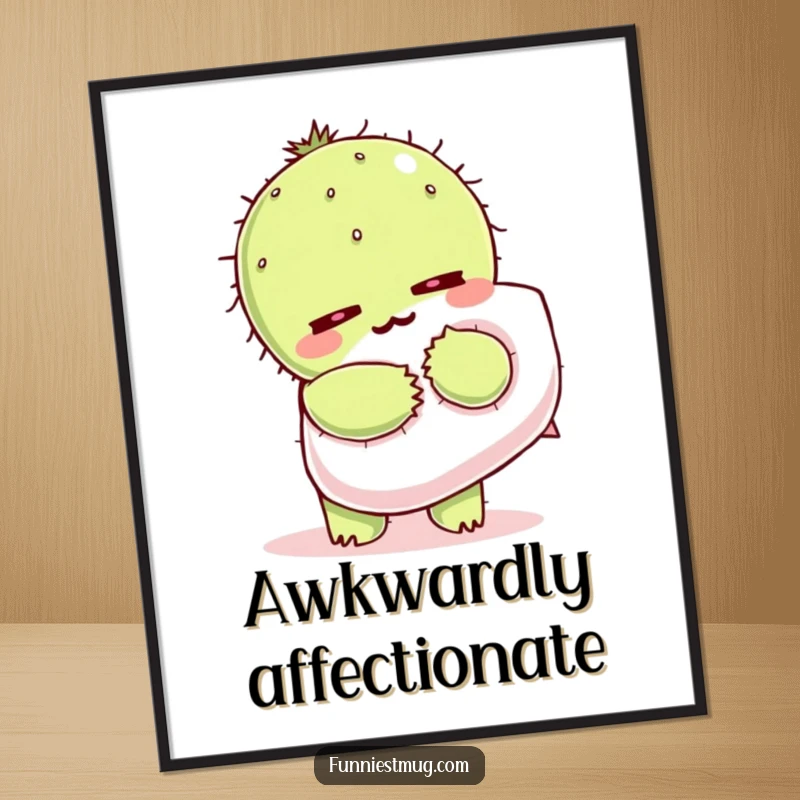 Funny Kawaii digital art print of a cactus character wincing as it hugs a fluffy pillow.