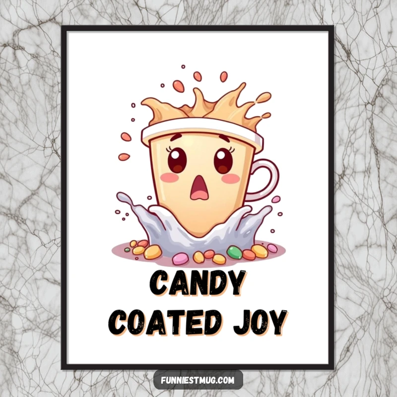 Funny coffee cup character surprised by tiny candy waves splashing, as digital art.