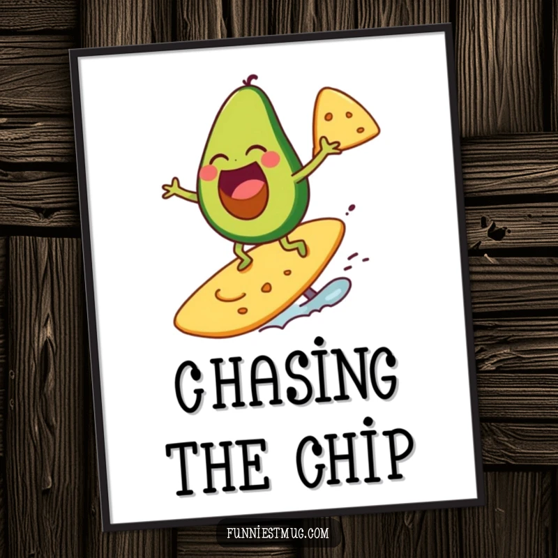 Funny avocado character laughing while surfing on a giant tortilla chip, as digital art.