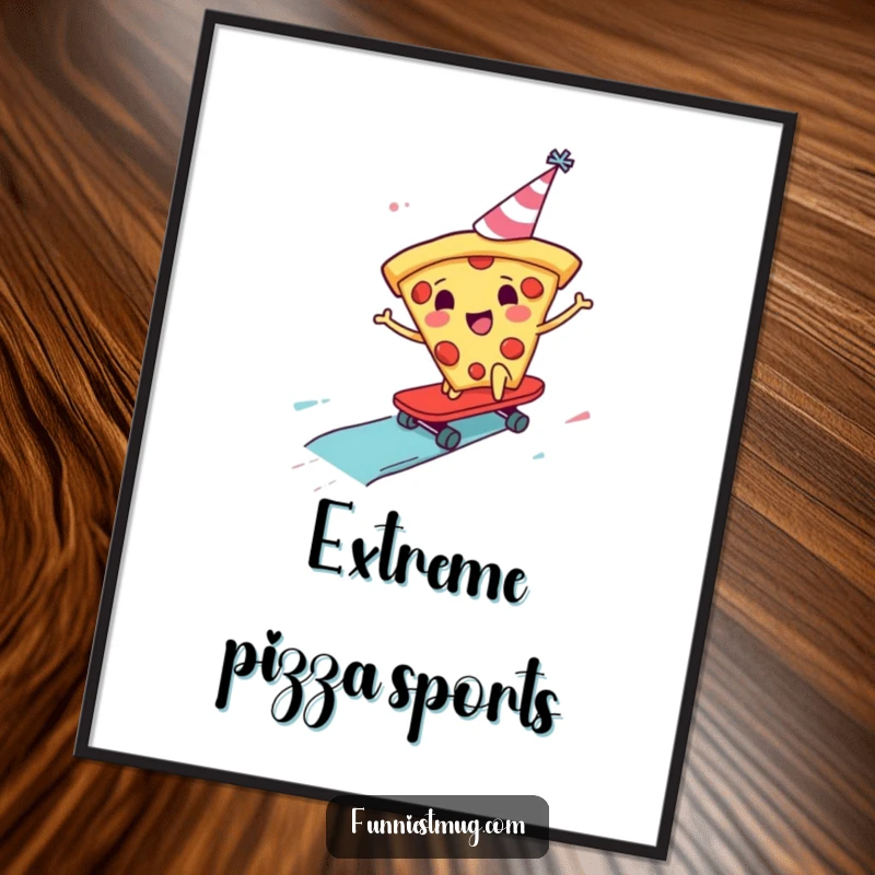 Funny Pizza Skater Digital Art Print showing a pizza slice in a party hat skateboarding down a sauce slide, ready to add excitement.