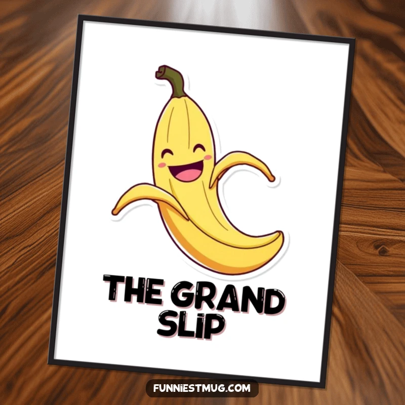 Funny Banana Peel Slip Digital Art Print: High-resolution download of a grinning banana peel comically slipping with exaggerated flair, a funny digital decoration.