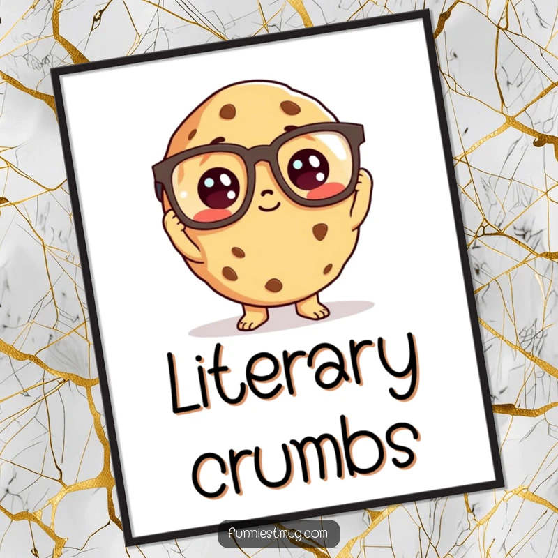 Funny cookie character wearing oversized reading glasses, looking curious, as digital art.