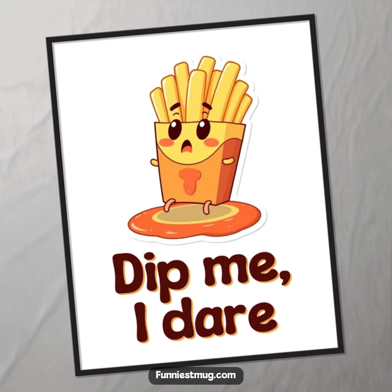 Funny digital art print of a surprised french fry character with tiny legs escaping a ketchup pool, a humorous and frantic food illustration ready to print.