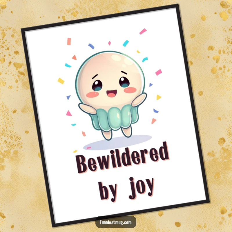 Funny Jelly Joy Digital Art Print showing a wobbly jelly character in bewildered joy, catching falling confetti, ready to bring smiles.