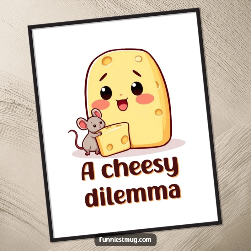 Funny Kawaii digital art print of a surprised cheese character and a tiny mouse stealing a wedge.