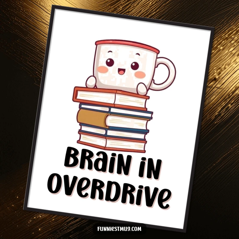 Funny Kawaii digital art print of a coffee mug character comically balancing a stack of books, ready for instant download.