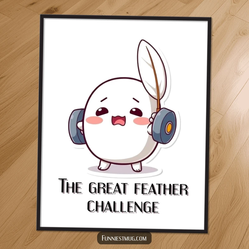 Funny Kawaii dumbbell character straining to lift a feather, a high-resolution digital download for instant humorous wall art.