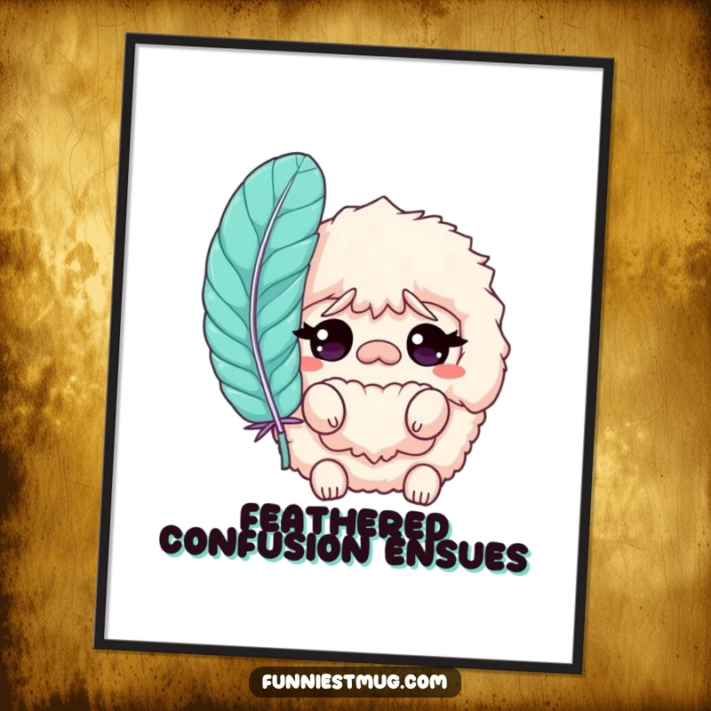 Funny Slipper Digital Art Print showing a bewildered fluffy slipper character with a giant feather, ready to add humor to any screen.