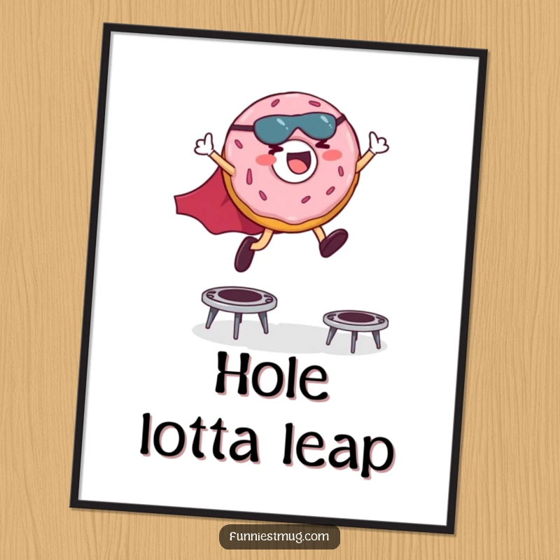Funny digital art print of a giggling donut character in a superhero cape leaping high over small trampolines.