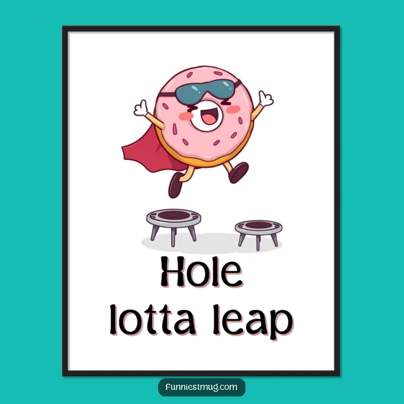 Funny Superhero Donut Digital Art: Giggling Hero Leaping Trampolines Print