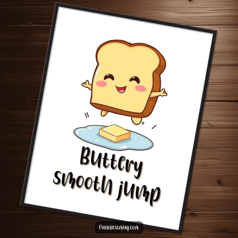 Funny digital art print of a smiling toast character attempting a jump over a tiny butter puddle, a whimsical breakfast scene.