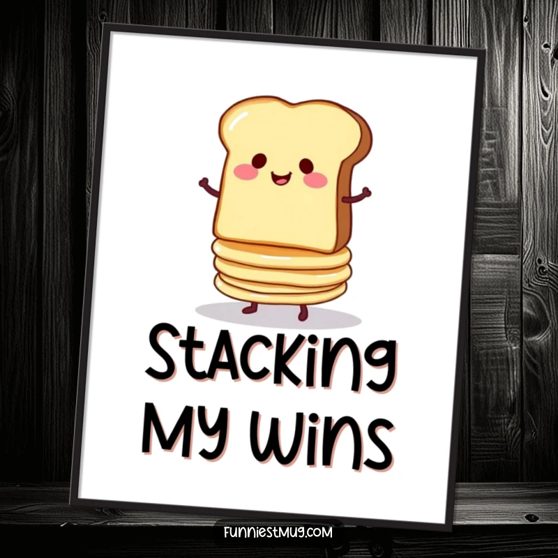 Funny digital art portraying a smug slice of toast precariously balancing a stack of wobbly pancakes, instantly downloadable humor.