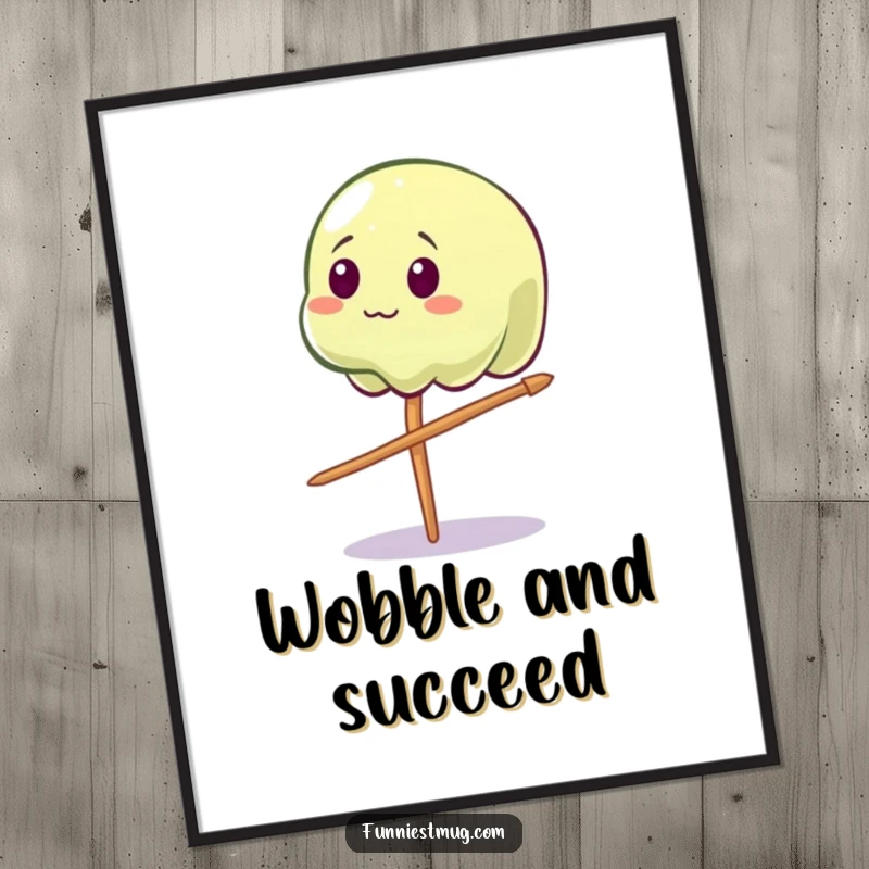 Funny Wobbly Jelly Digital Art Print: A wobbly jelly character comically balancing on a toothpick, instant wall art.
