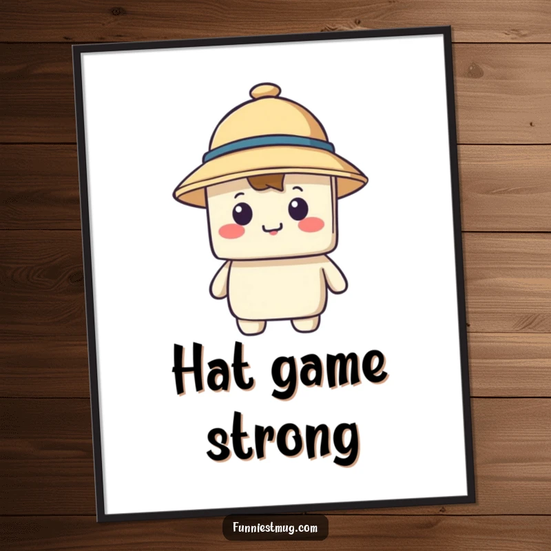 Funny digital art of a happy, blocky character attempting to wear a comically large hat that covers its entire face.