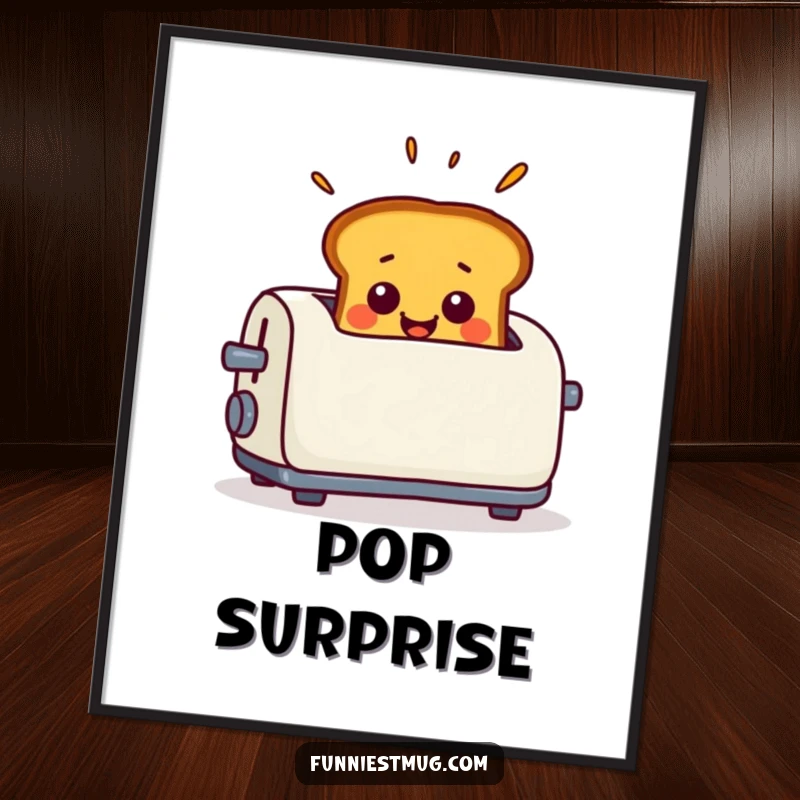 Funny Digital Art Print of smiling toast popping out of a toaster with exaggerated surprise, perfect for cheerful decor.