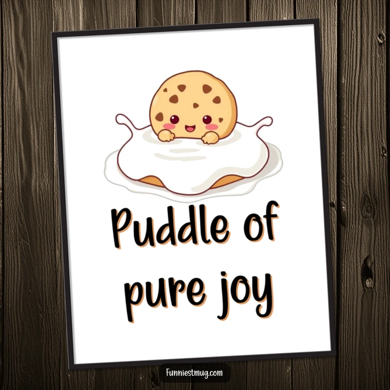Funny Kawaii cookie character happily submerged in a huge milk puddle, a high-resolution digital download for instant humorous wall art.