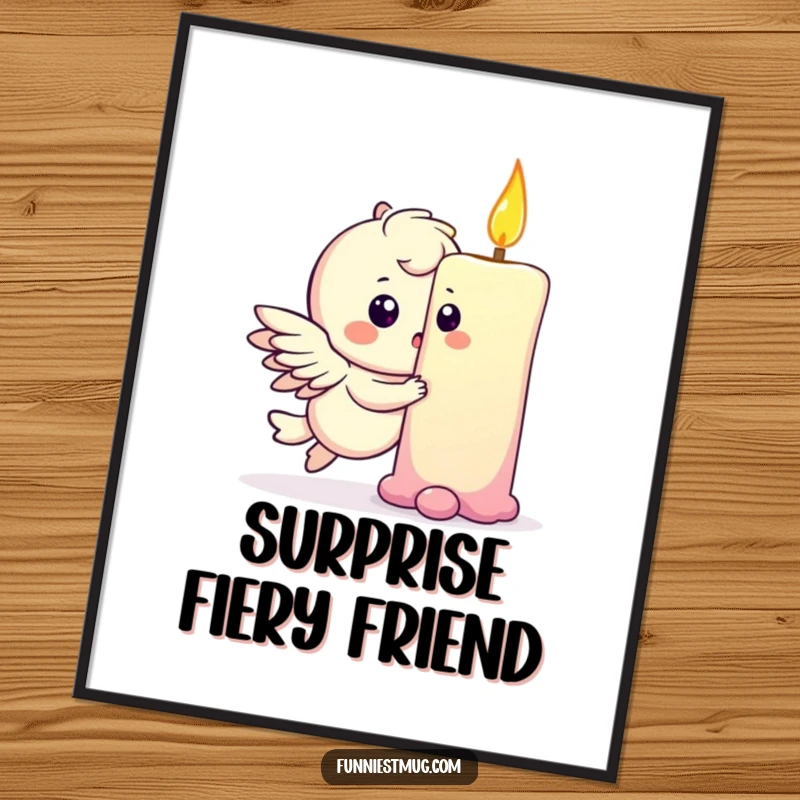 Funny digital art of a playful winged character gently bumping into a giant birthday candle, looking adorably surprised.