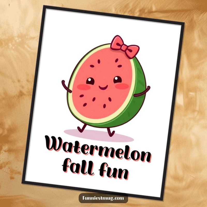 Funny digital art of a cheerful watermelon slice wearing a bow, comically tripping, ready to be printed for fun decor.