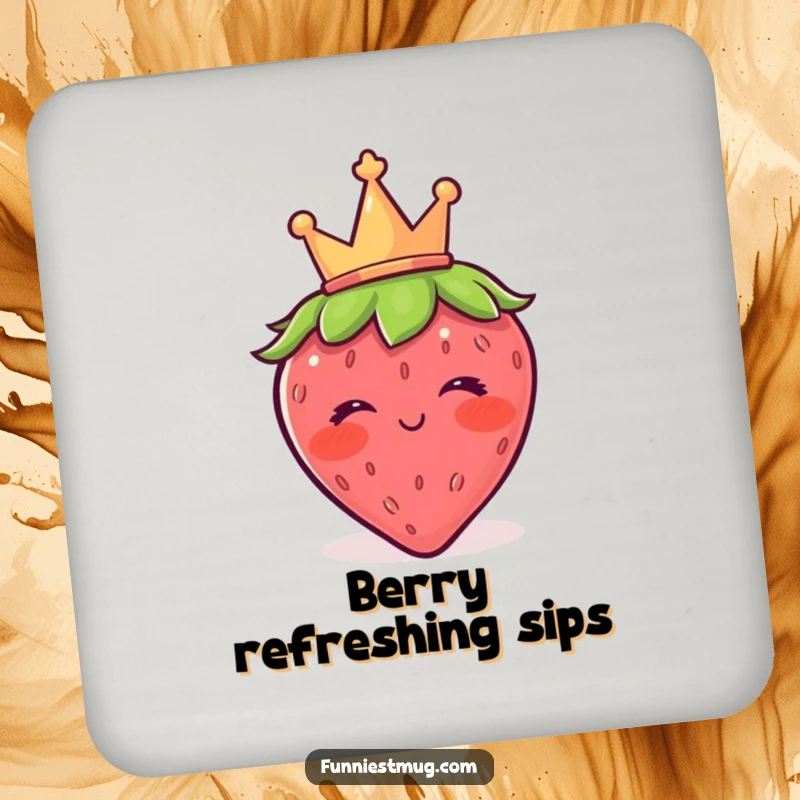 Funny strawberry coaster featuring a blushing character with a crown, winking charmingly, a small but witty addition to any drink setup.