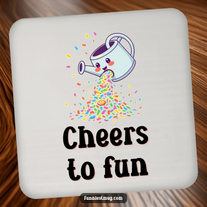 Funny Drink Coaster: Giggling watering can pouring a cascade of colorful confetti, bringing festive humor to surfaces.