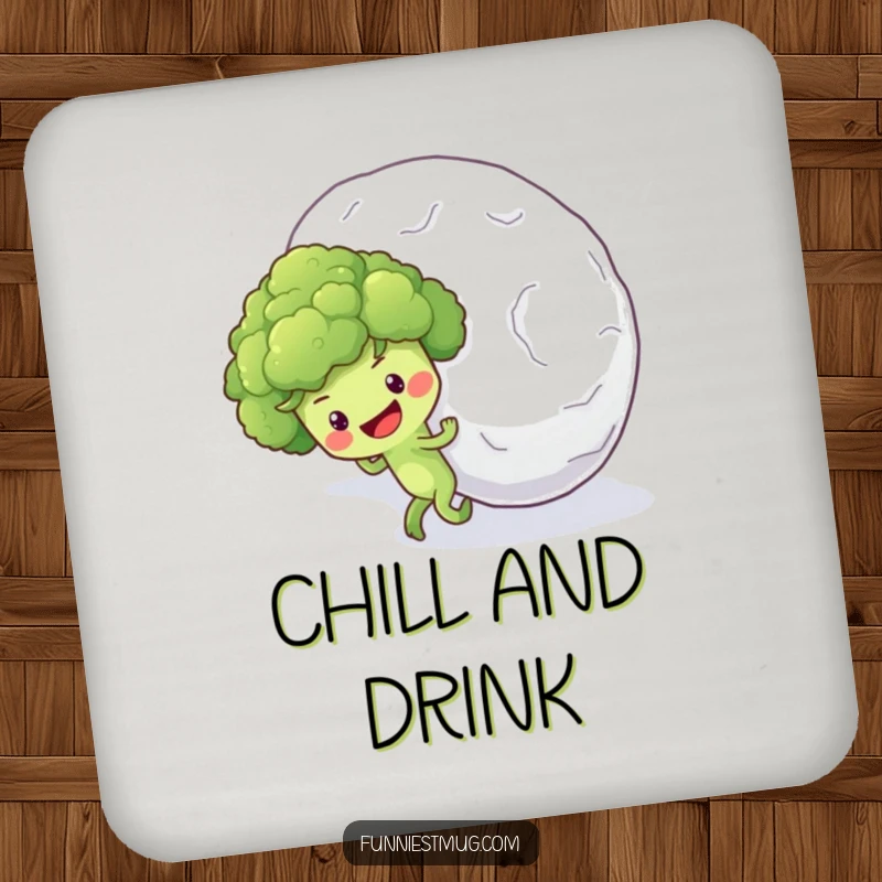 Funny drink coaster with an optimistic broccoli floret character pushing a giant snowball uphill, a comical scene.