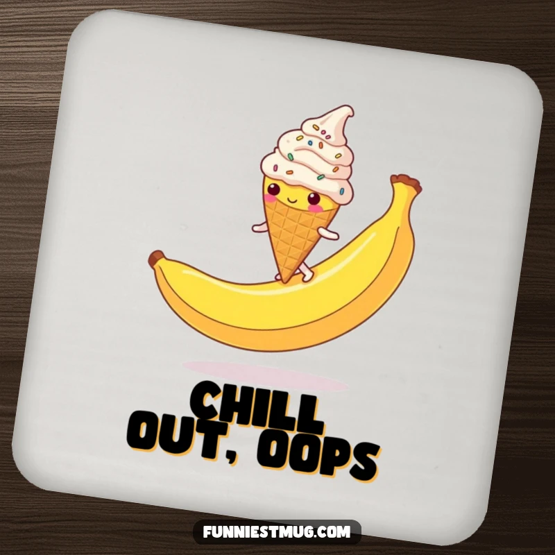 Funny Ice Cream Cone Coaster: A clumsy, sprinkle-covered character slipping on a banana peel, protecting surfaces with humor.