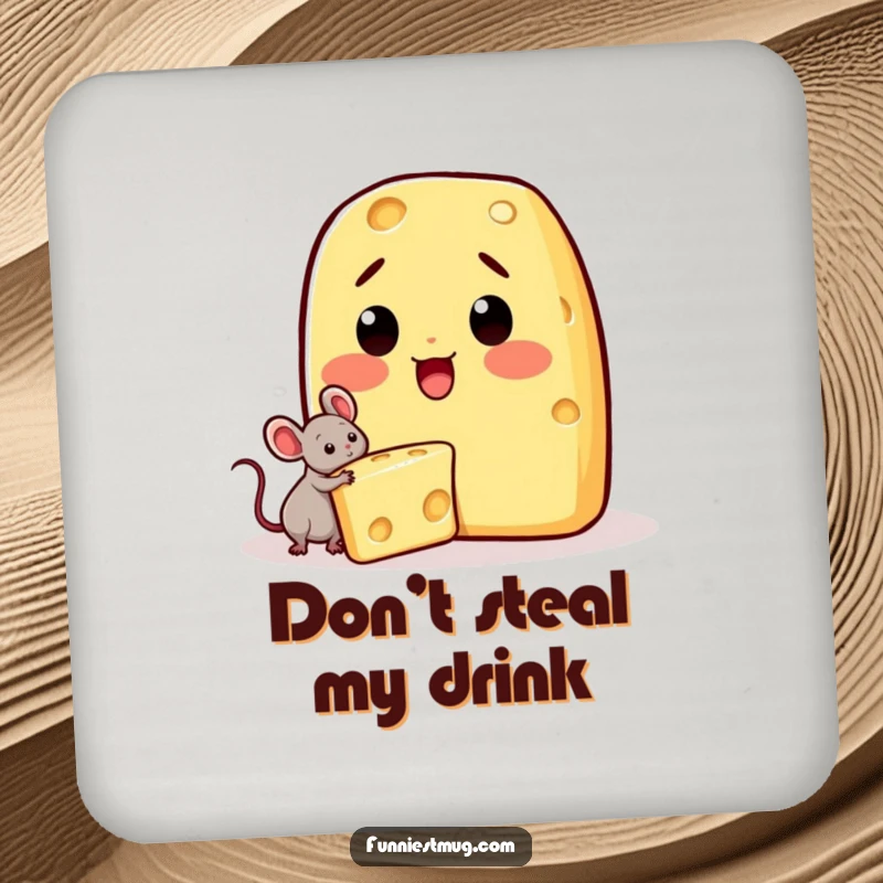 Funny Kawaii drink coaster with a surprised cheese character and a tiny mouse attempting to steal its cheese.