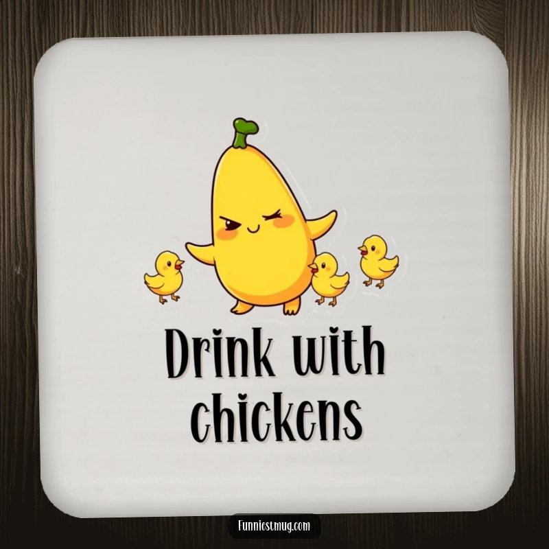 Funny drink coasters showing a mischievous banana character winking and juggling tiny rubber chickens, protecting surfaces humorously.