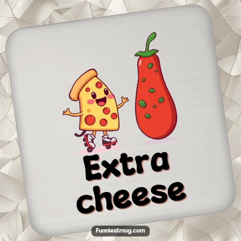 Funny Pizza Roller Skater Drink Coaster: A smiling pizza character on skates wobbling towards a pepperoni, protects surfaces humorously.