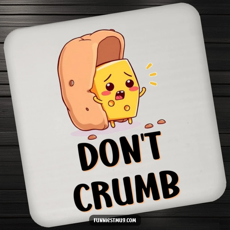 Funny cheese slice character flustered, trying to escape a giant cracker, humorous food art on drink coasters.