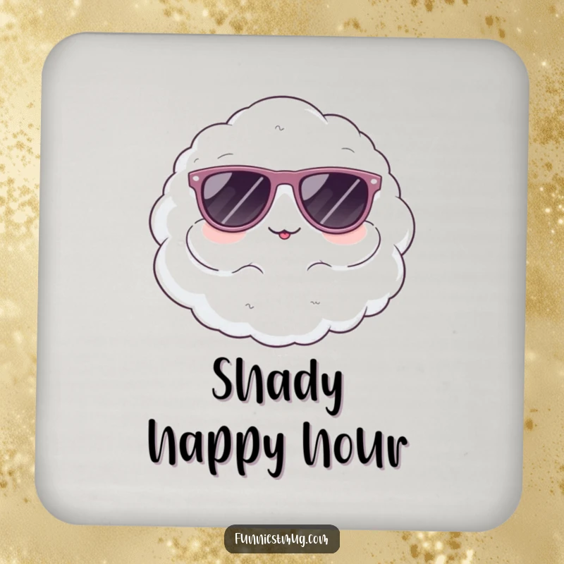 Funny drink coaster depicting a cute, fluffy cloud character comically wearing oversized sunglasses, a cool surface protector.
