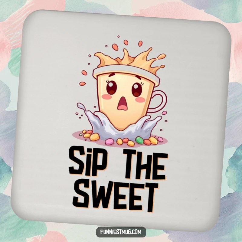 Funny coffee cup character surprised by tiny candy waves splashing, on a drink coaster.