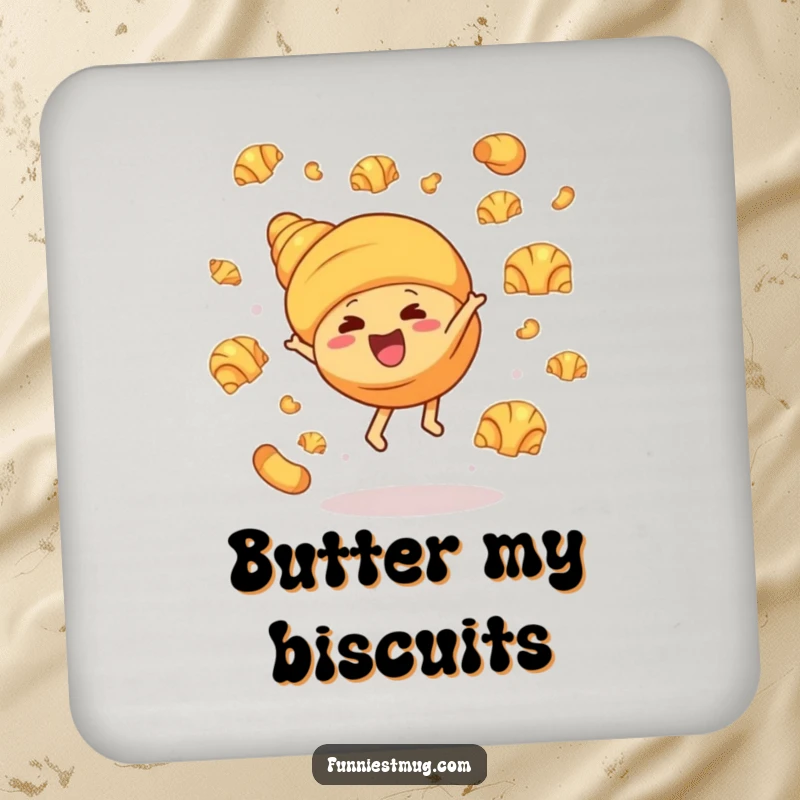 Funny drink coaster showing a croissant character doing a cartwheel with butter croissants flying, adding a humorous bakery touch to drink protection.