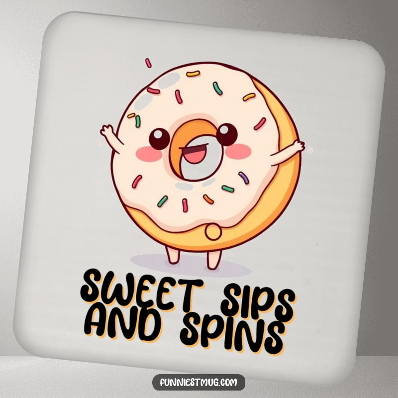 Funny coaster featuring a happy, sprinkled donut doing a cartwheel with frosting flying.
