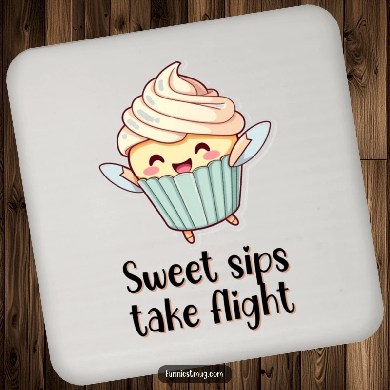 Funny Flying Cupcake Drink Coasters: A cheerful cupcake character with oversized frosting attempting to fly, protecting surfaces.