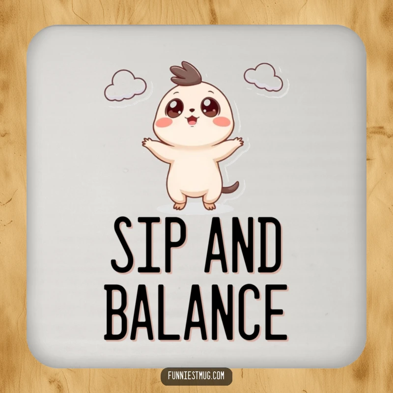 Funny Googly Eyed Creature Drink Coasters set featuring the creature hilariously juggling teacups, protecting surfaces with humor.