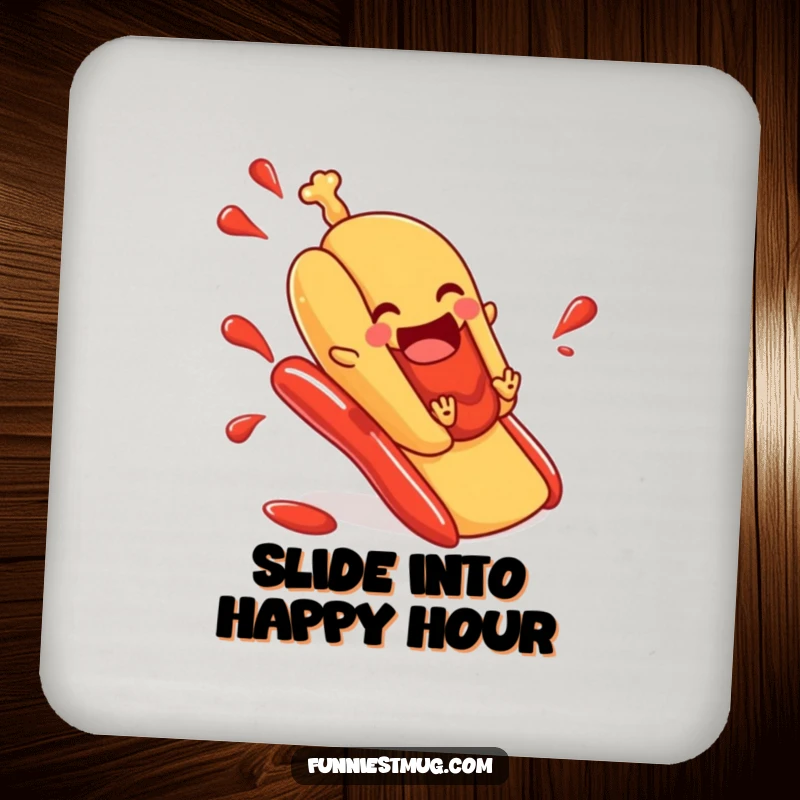 Funny hot dog coaster showing a hot dog in a bun sliding down a ketchup slide, a humorous and practical accessory for drink protection.