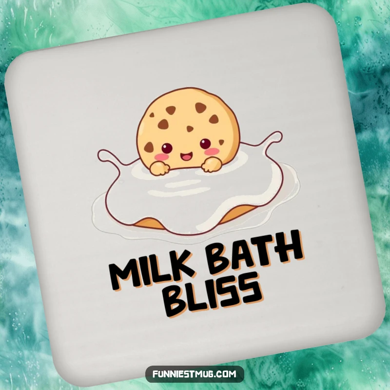 Funny Kawaii cookie character happily drowning in a large milk puddle, a durable and humorous drink coaster.