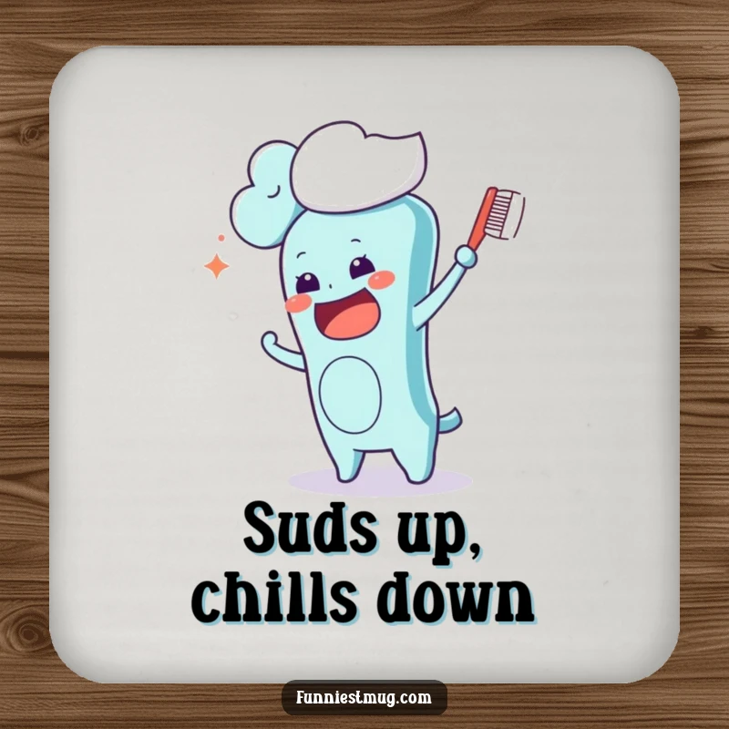 Funny Kawaii toothbrush character on a drink coaster, comically trying to brush a fluffy cloud floating by, a humorous and protective accessory.