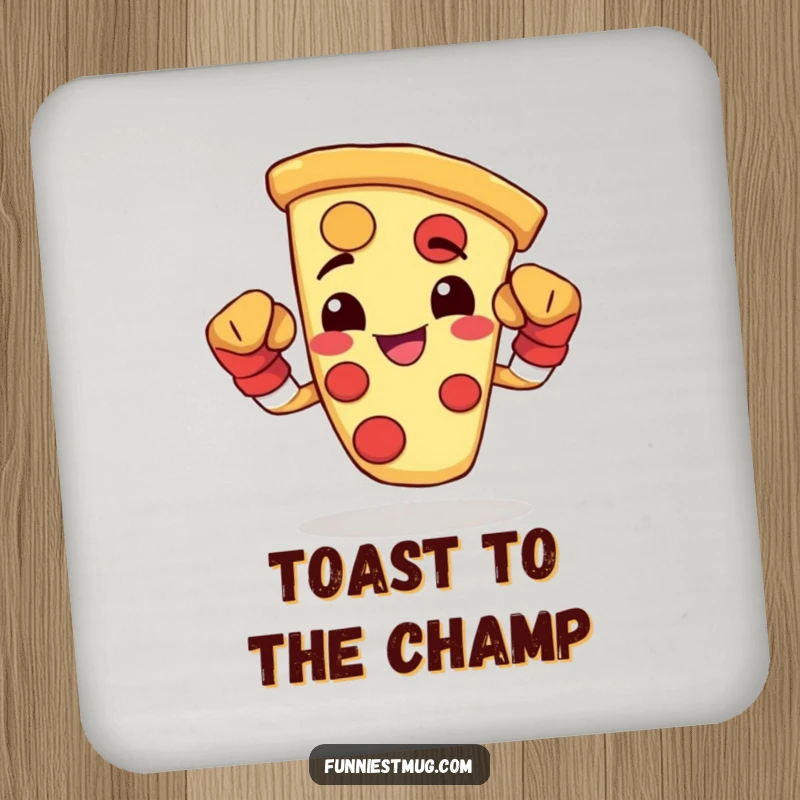 Funny drink coaster featuring a happy pizza slice wearing tiny boxing gloves and flexing, perfect for strong drinks.