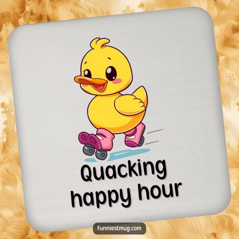 Funny drink coasters showing a gleeful rubber ducky wearing oversized roller skates and speeding away, protecting surfaces humorously.