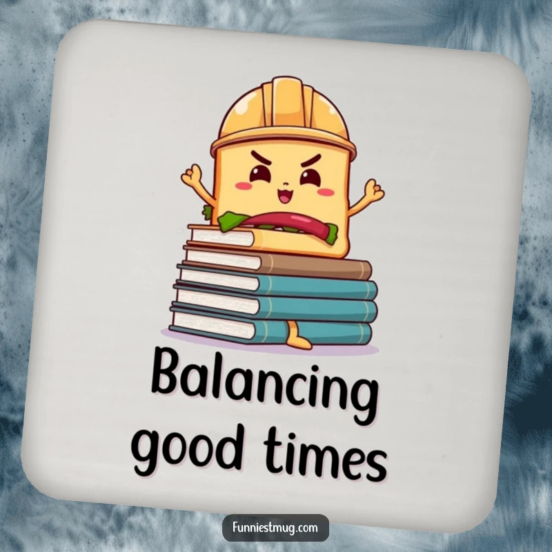 Funny Sandwich Hard Hat Coaster: A determined sandwich in a hard hat balances wobbly books, a stylish and funny protector.